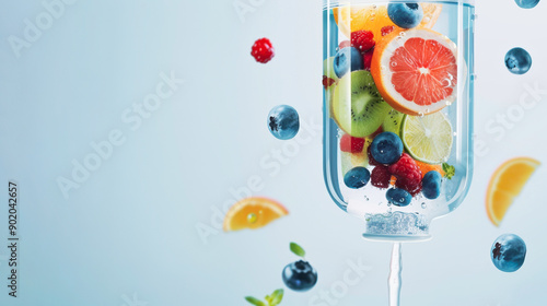 IV vitamin therapy for enhanced hydration and nutrition, Fresh fruit in a glass with a blue background.  Fruit includes blueberries, raspberries, orange slices, and kiwi.