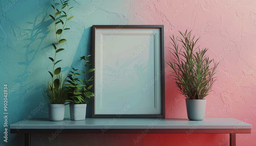 Fototapeta premium Shelf with empty vertical frame mock up