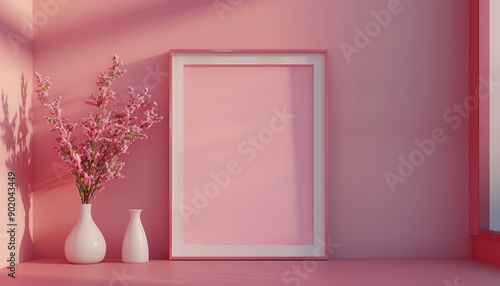Shelf with empty vertical frame mock up pink wall