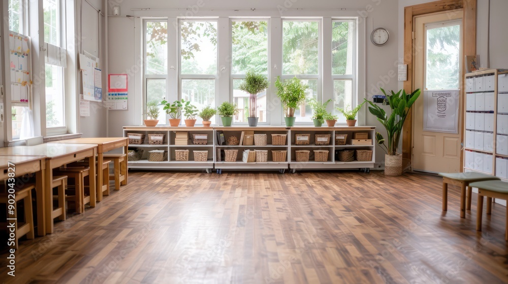 A classroom with a lot of potted plants and wooden furniture. The room is empty and has a lot of natural light coming in from the windows A classroom with a lot of potted plants and wooden furniture. The room is empty and has a lot of natural light coming in from the windows