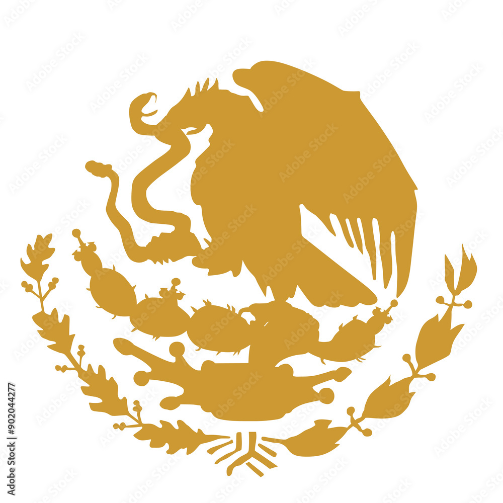 Gold Mexico coat of arms vector silhouette illustration isolated. Seal national emblem. Coat of arms of Mexico golden shape shadow. Patriotic eagle with rattle snake in beak on. Patriot proud bird. Gold Mexico coat of arms vector silhouette illustration isolated. Seal national emblem. Coat of arms of Mexico golden shape shadow. Patriotic eagle with rattle snake in beak on. Patriot proud bird.