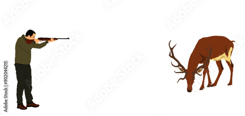 Aiming hunter man with rifle shooting deer vector illustration isolated. Male outdoor hobby  hunting rain deer. Shooter kill animal prey outdoor sport hobby. Male primal instinct. Wild animal target