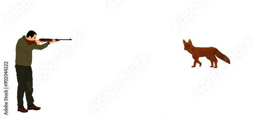 Aiming hunter man with rifle shooting fox vector illustration isolated on white. Male outdoor hobby  hunting fox. Shooter kill animal prey outdoor sport hobby. Male primal instinct. Wild animal target