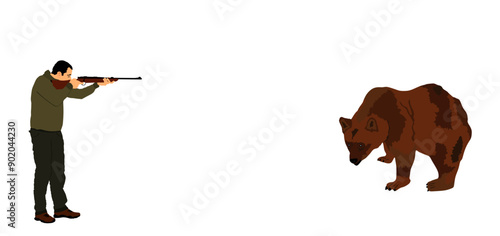 Aiming hunter man with rifle shooting bear vector illustration isolated. Male outdoor hobby hunting grizzly bear. Shooter kill animal prey outdoor sport hobby. Male primal instinct. Wild animal target