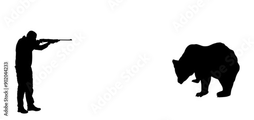 Aiming hunter man with rifle shooting bear vector silhouette illustration isolated. Male outdoor hobby hunting grizzly bear. Shooter kill animal prey sport hobby. Primal instinct wild animal target.