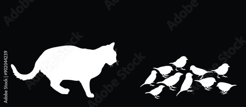Fat hungry cat chasing flock of birds vector silhouette illustration isolated. Cat lurking to eat sparrow. Feline hunter hunting prey. Cat catch bird for dinner. Domestic farm predator. Home pet hunt.
