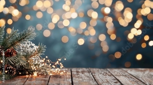 A Christmas tree with lights and pine needles on a wooden table. Scene is festive and warm