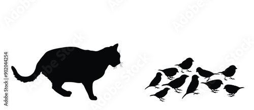 Fat hungry cat chasing flock of birds vector silhouette illustration isolated. Cat lurking to eat sparrow. Feline hunter hunting prey. Cat catch bird for dinner. Domestic farm predator. Home pet hunt.