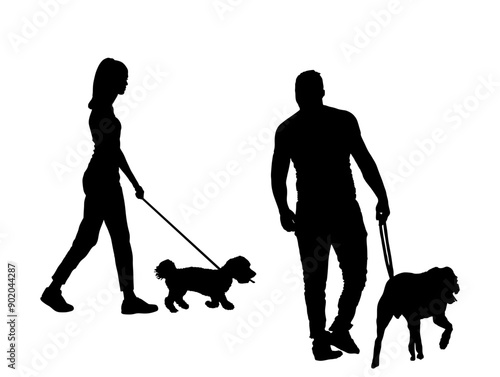 Urban couple in love walking dogs on the leash vector silhouette illustration isolated. Owner handsome girl and boy with pets. Woman and man enjoy outdoor after work. Girlfriend and boyfriend outdoor.