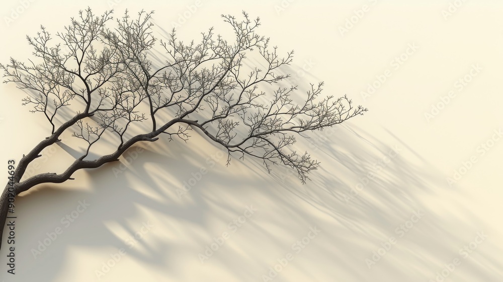 Obraz premium Leafless tree branch casting long shadow on beige background, minimalist nature scene
