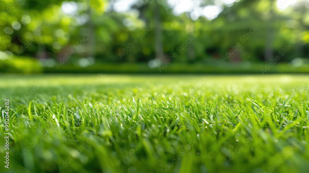 A lush green field with a few trees in the background. The grass is very green and the sky is blue A lush green field with a few trees in the background. The grass is very green and the sky is blue