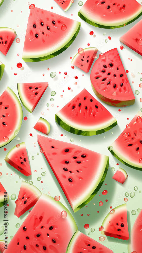 Sliced ​​Watermelon with Water Splashes, Abstract Image, Texture, Pattern Background, Wallpaper, Cover and Screen of Smartphone, Cell Phone, Computer, Laptop, 9:16 and 16:9 Format