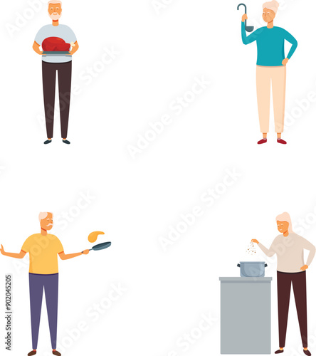 Collection of illustrations showcasing elderly men engaging in various daily activities with joy and ease