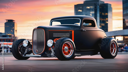 Obraz na płótnie Beautiful matte black and orange vintage hot rod car, automotive background, tuning template, wallpaper, transport w salonie