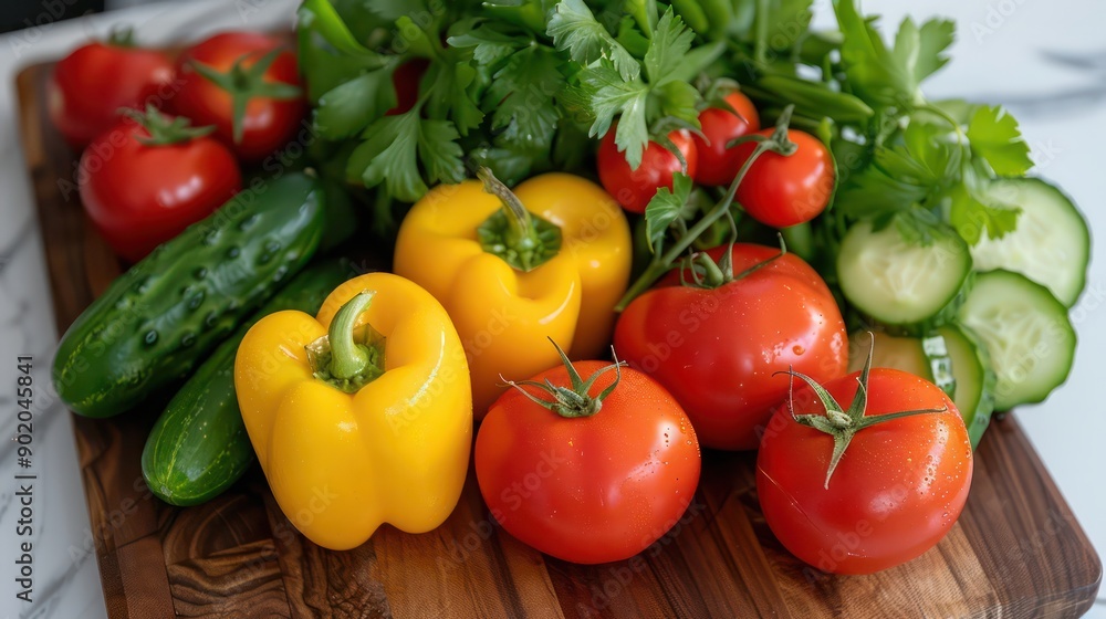 A wooden cutting board with a variety of vegetables including tomatoes, cucumbers, and peppers. The arrangement of the vegetables creates a colorful and healthy-looking display A wooden cutting board with a variety of vegetables including tomatoes, cucumbers, and peppers. The arrangement of the vegetables creates a colorful and healthy-looking display