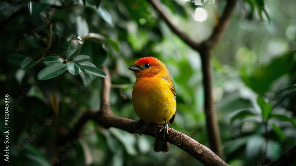 A yellow bird is perched on a branch in a lush green forest. The bird is small and he is looking up at something. The scene is peaceful and serene, with the bird being the only living creature visible A yellow bird is perched on a branch in a lush green forest. The bird is small and he is looking up at something. The scene is peaceful and serene, with the bird being the only living creature visible
