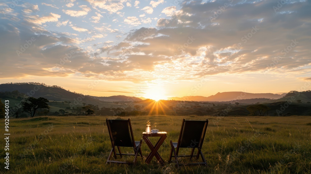 Two chairs are set up in a field with a beautiful sunset in the background. The chairs are facing each other, and there is a bottle of wine on the table between them