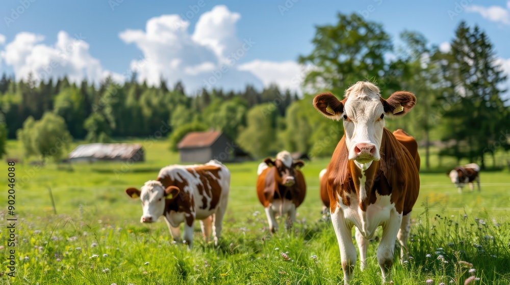 Three cows are standing in a field with a barn in the background. The cows are brown and white, and they appear to be grazing on the grass. The scene is peaceful and serene Three cows are standing in a field with a barn in the background. The cows are brown and white, and they appear to be grazing on the grass. The scene is peaceful and serene