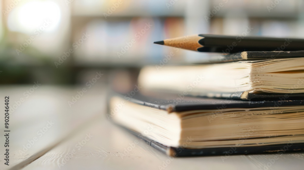 A stack of books with a pencil on top A stack of books with a pencil on top