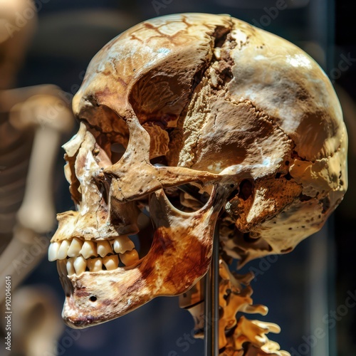 Detailed Side View of an Ancient Human Skull Displayed in a Museum Exhibit