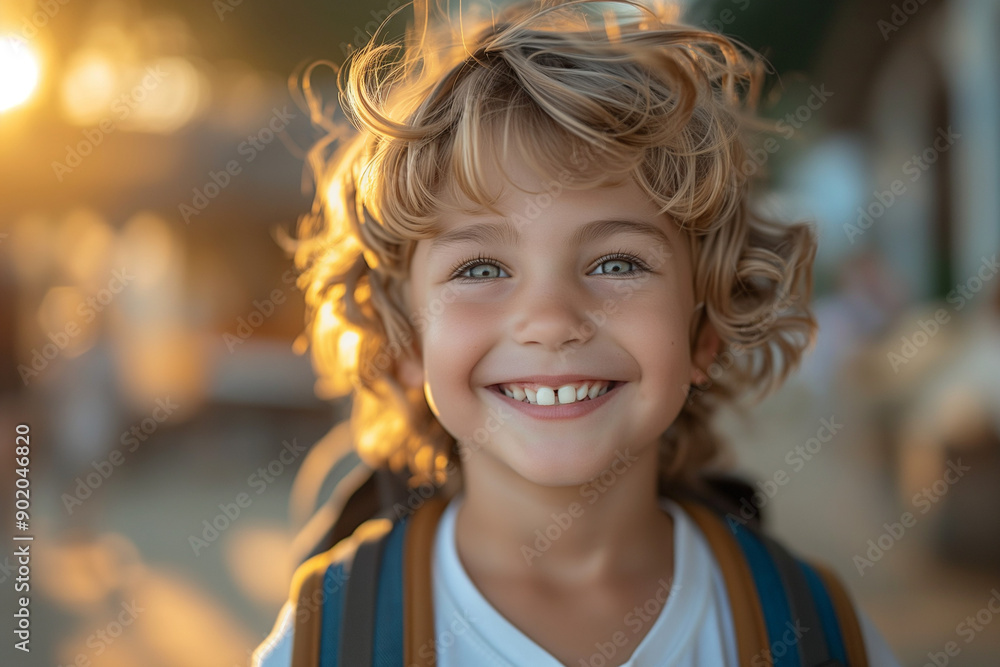 smiling kid with a backpack in front of the school. children playing in the classroom in the school. back to school. AI Generated smiling kid with a backpack in front of the school. children playing in the classroom in the school. back to school. AI Generated