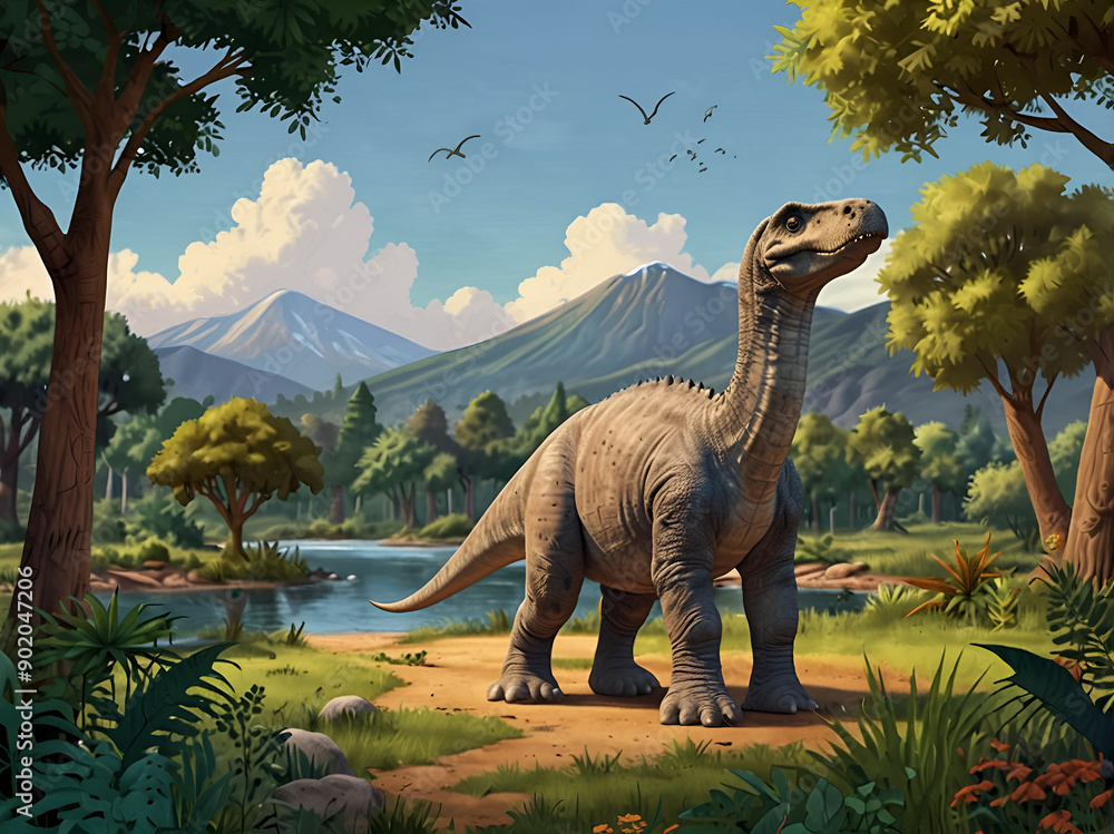 Obraz premium Cute cartoon dinosaur similar to brachiosaurus with long neck and smiling face.