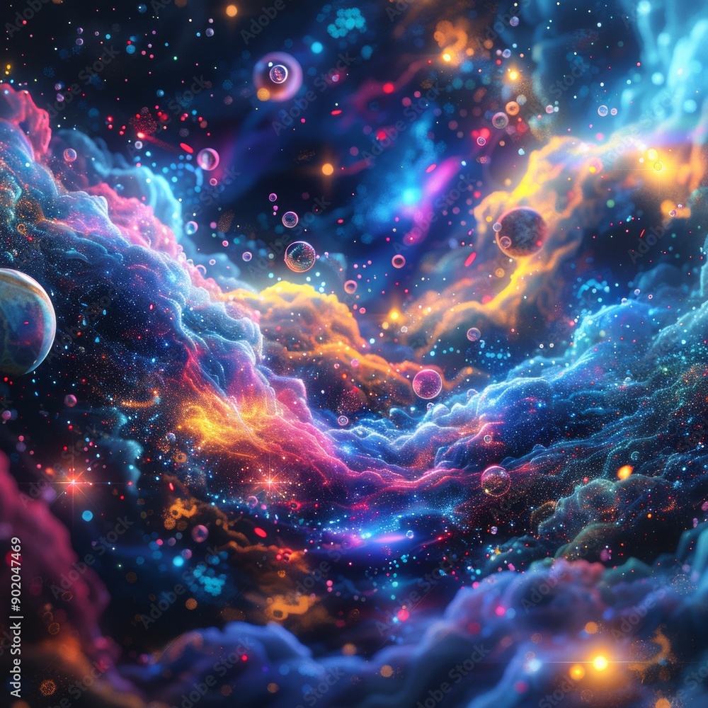 Cosmic Dreamscape: Neon Constellations and Holographic Planets in Vibrant Starry Sky. Cosmic Dreamscape: Neon Constellations and Holographic Planets in Vibrant Starry Sky.