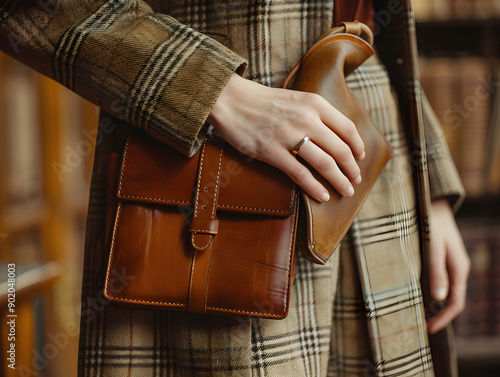 Close-up shot of a model's hands delicately grasping a luxurious leather handbag. Rich textures and details.