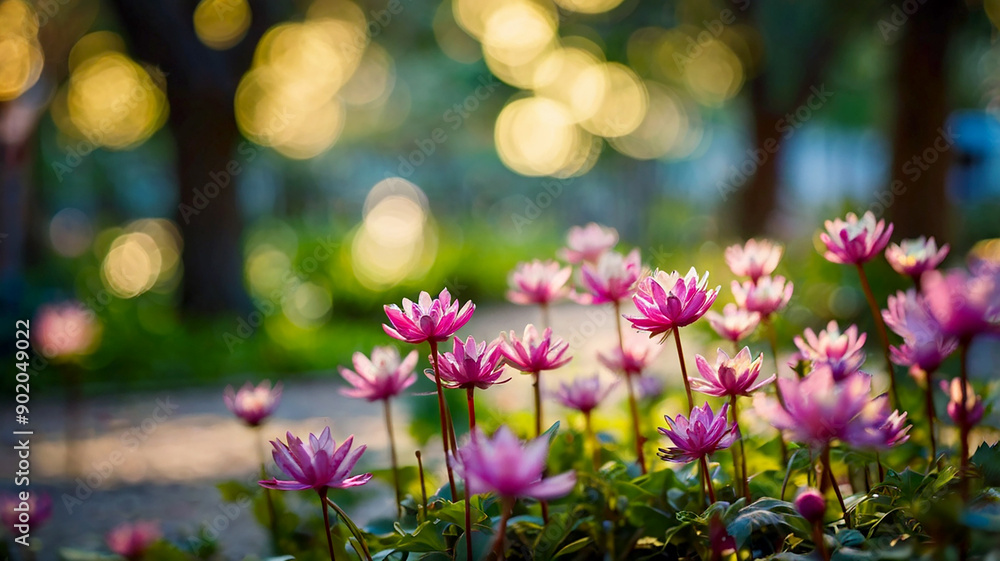 Obraz premium Springtime blurred bokeh on a peaceful garden and flower meadow