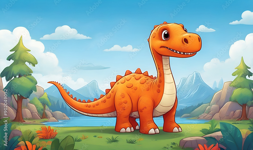 Fototapeta premium Cute cartoon dinosaur similar to brachiosaurus with long neck and smiling face.