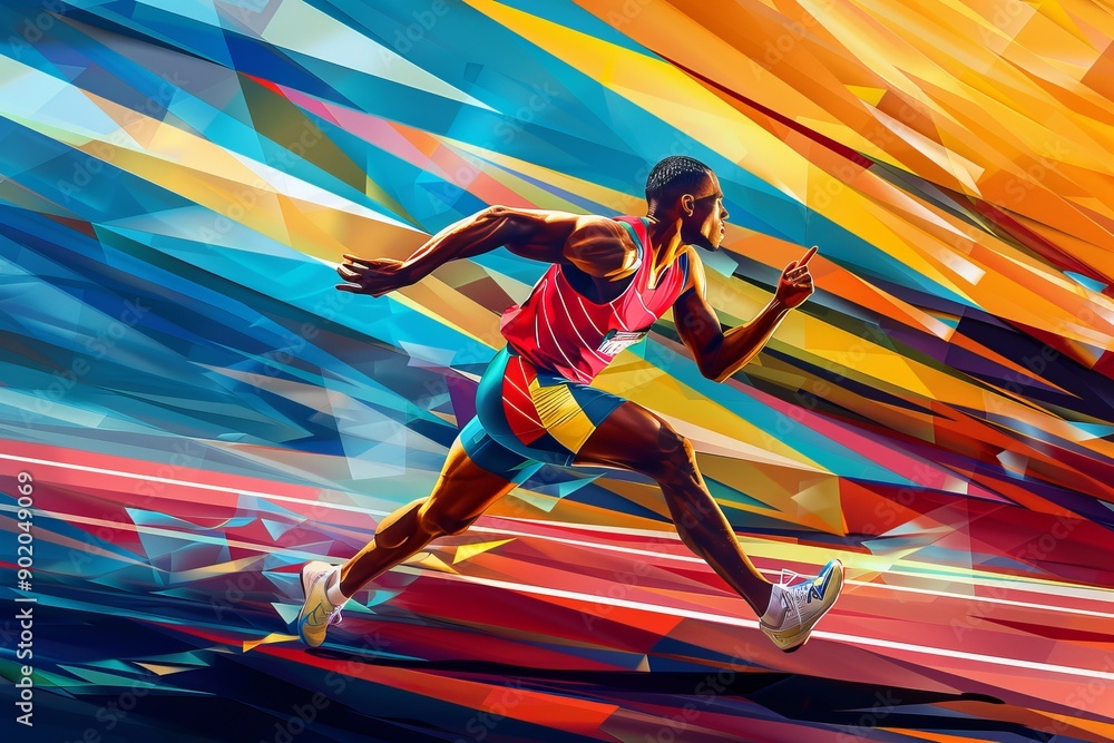 Athletic sprinter running against a bold geometric background. Dynamic and powerful scene perfect for sports and fitness themes Athletic sprinter running against a bold geometric background. Dynamic and powerful scene perfect for sports and fitness themes