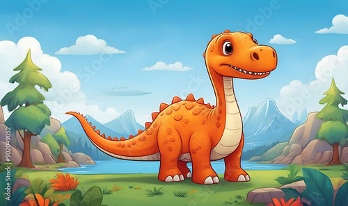 Cute cartoon dinosaur similar to brachiosaurus with long neck and smiling face. photo