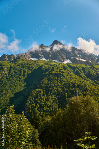 summer landscape with mountains and waterfalls