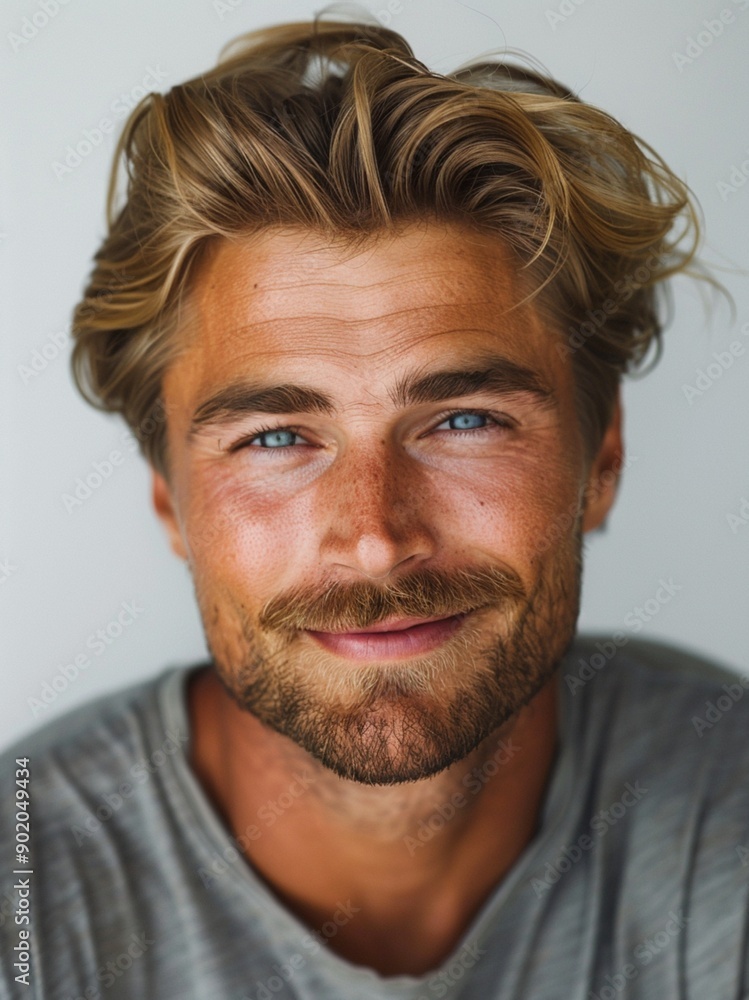 handsome men lite smile front, portrait, blue eyes, long hair, gray white gradient background handsome men lite smile front, portrait, blue eyes, long hair, gray white gradient background