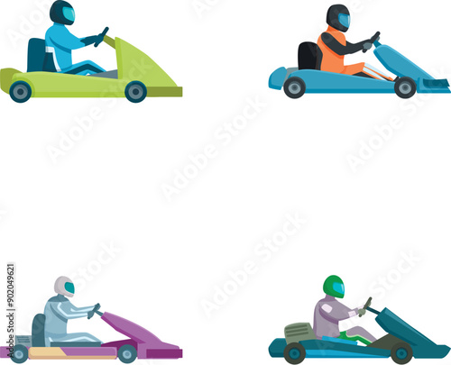 Colorful collection of four cartoon characters racing in gokarts, ideal for leisure and competition themes
