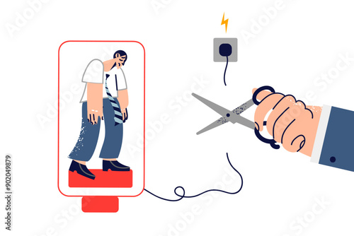 Burnout and lack of energy in business man standing near boss hand cutting wire to socket