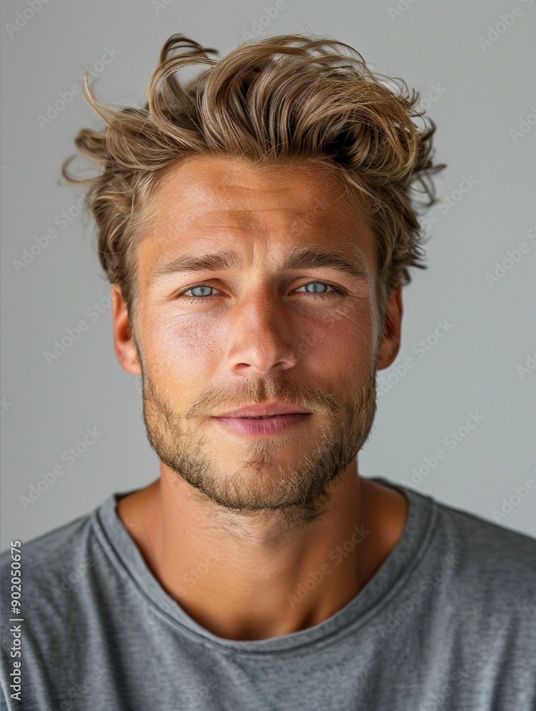 Obraz premium handsome men lite smile front, portrait, blue eyes, long hair, gray white gradient background