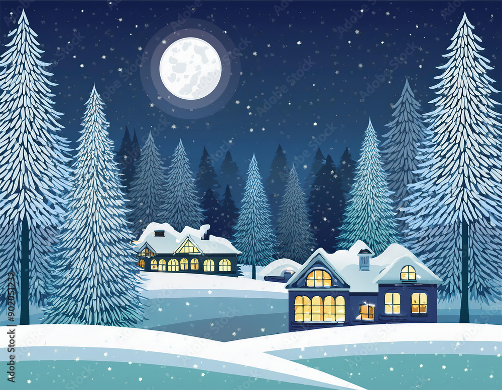 Fototapeta premium Winter landscape with houses in the forest and full moon. Christmas, greeting card. Vector illustration. 