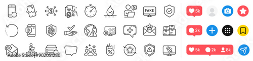 Attention, Medical chat and Certificate line icons pack. Social media icons. Receive mail, Vip mail, Work home web icon. Fingerprint, Fake news, Timer pictogram. Security shield, Loan percent. Vector