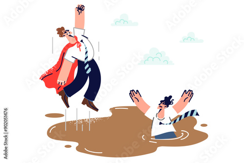Business man in hero coat independently saves himself from quicksand thanks to willpower