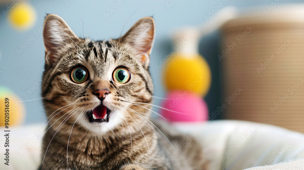 A surprised tabby cat sitting in a cozy space, surrounded by colorful toys. Its expressive face captures the joy of playtime. A surprised tabby cat sitting in a cozy space, surrounded by colorful toys. Its expressive face captures the joy of playtime.