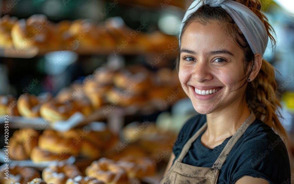 A cheerful bakery owner stands proudly in her shop, surrounded by a delightful selection of freshly baked pastries and bread A cheerful bakery owner stands proudly in her shop, surrounded by a delightful selection of freshly baked pastries and bread
