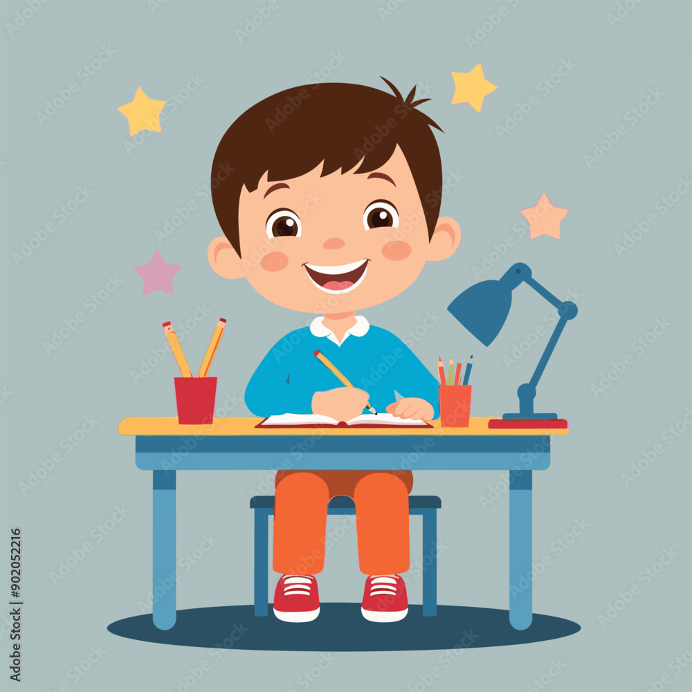 a boy sits at a desk with books and a flower in the background a boy sits at a desk with books and a flower in the background