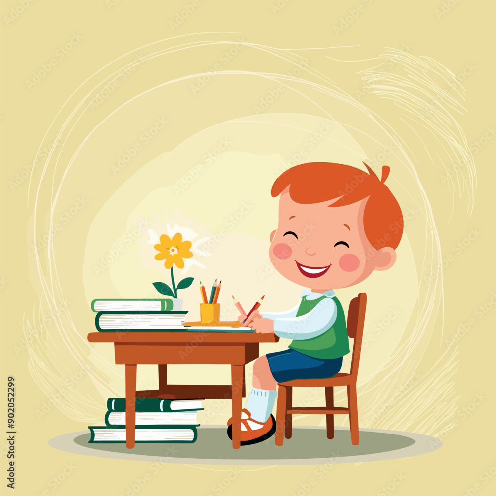 a boy sits at a desk with books and a flower in the background a boy sits at a desk with books and a flower in the background