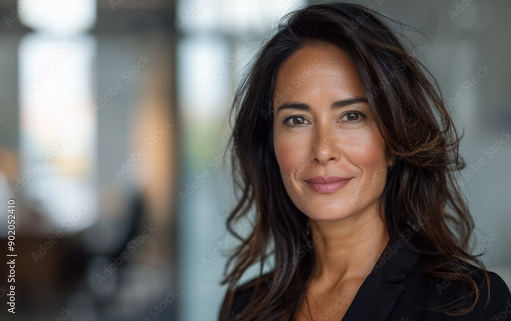 A confident Hispanic woman smiles warmly, dressed in a stylish black blazer, against the backdrop of a bright office environment A confident Hispanic woman smiles warmly, dressed in a stylish black blazer, against the backdrop of a bright office environment