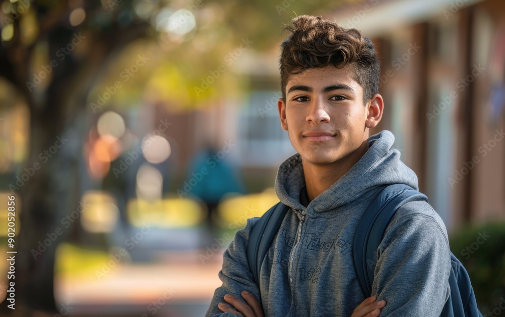 A Hispanic high school student poses confidently with arms crossed, smiling in front of his school during a sunny day A Hispanic high school student poses confidently with arms crossed, smiling in front of his school during a sunny day