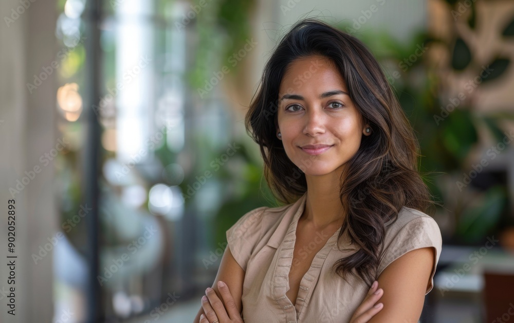 A successful Hispanic woman stands confidently with a smile in a well-lit office, showcasing her professionalism and positivity in a vibrant workspace A successful Hispanic woman stands confidently with a smile in a well-lit office, showcasing her professionalism and positivity in a vibrant workspace