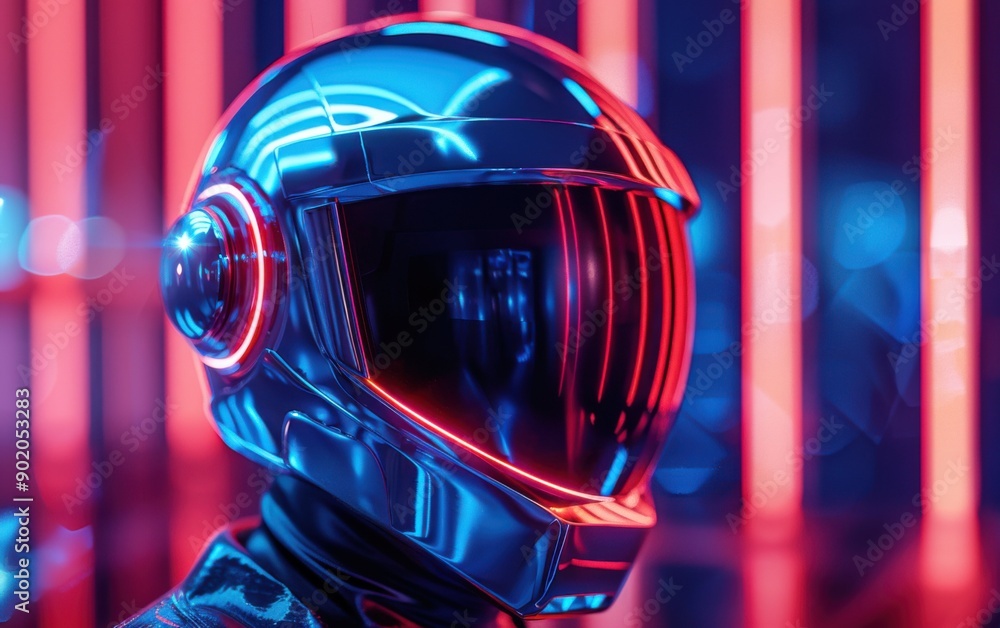 A sleek cyber helmet glows with neon lights, set against a backdrop of vibrant vertical stripes, showcasing advanced technology and stylish design A sleek cyber helmet glows with neon lights, set against a backdrop of vibrant vertical stripes, showcasing advanced technology and stylish design