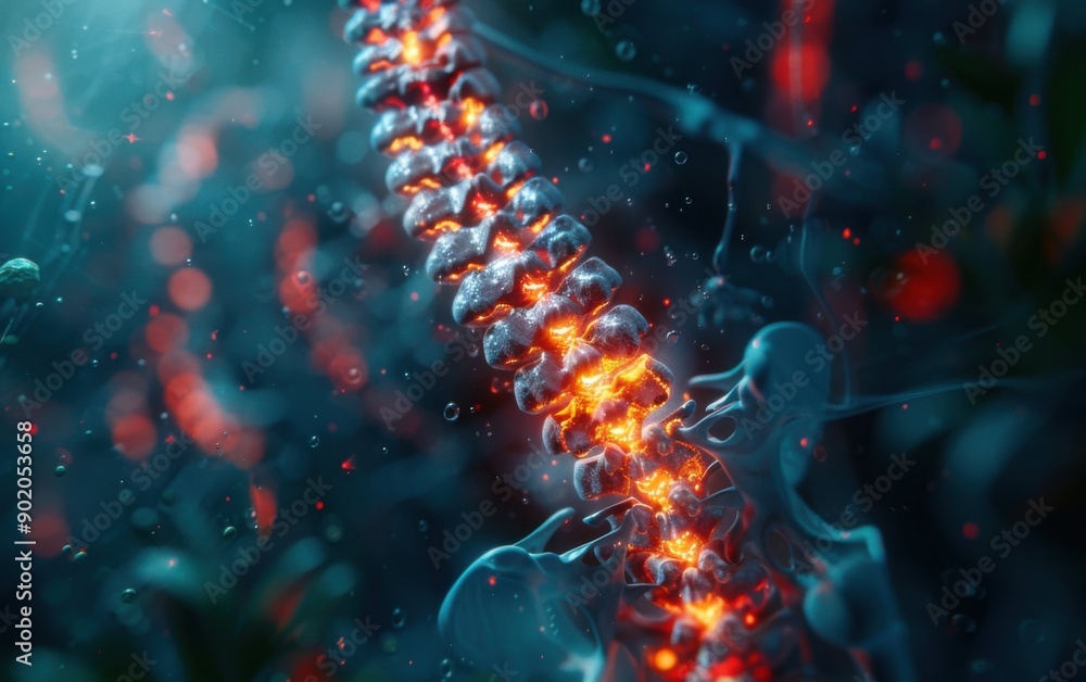 A detailed visualization highlights the effects of sciatic nerve inflammation on the spine, showcasing nerve pathways and inflammatory responses A detailed visualization highlights the effects of sciatic nerve inflammation on the spine, showcasing nerve pathways and inflammatory responses