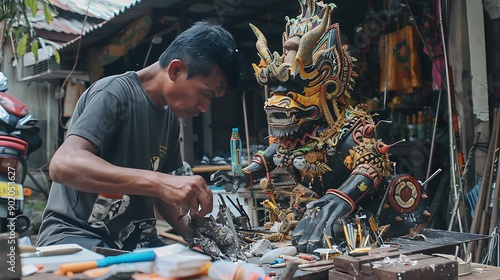 Futuristic robot wearing traditional Dayak ceremonial costume with unique tattoos and traditional mandau weapon in cultural setting photo